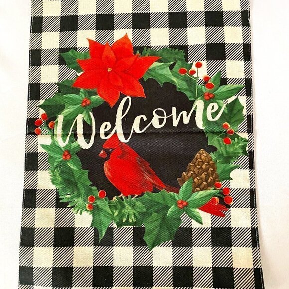 Christmas Cardinal Wreath on Buffalo Plaid Banner - Picture 1 of 2